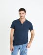 T-shirt col henley coton mélangé - marine