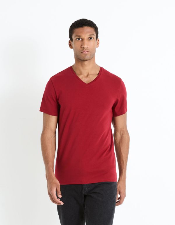 T-shirt col V coton stretch - bordeaux