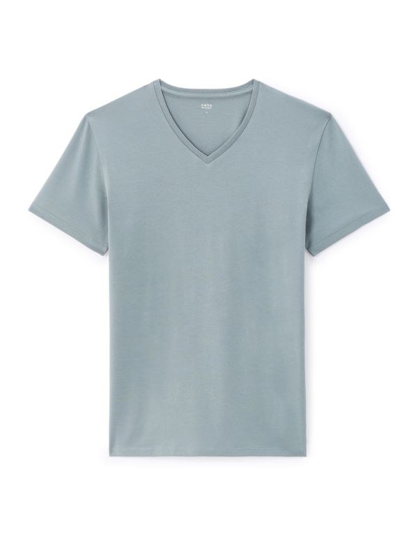 T-shirt slim col v en coton stretch - vert de gris
