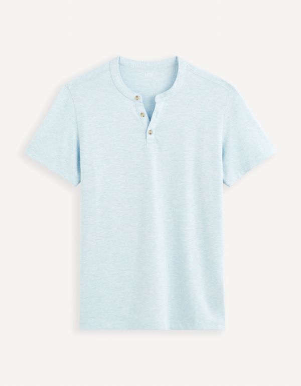 T-shirt col henley coton mélangé -bleu