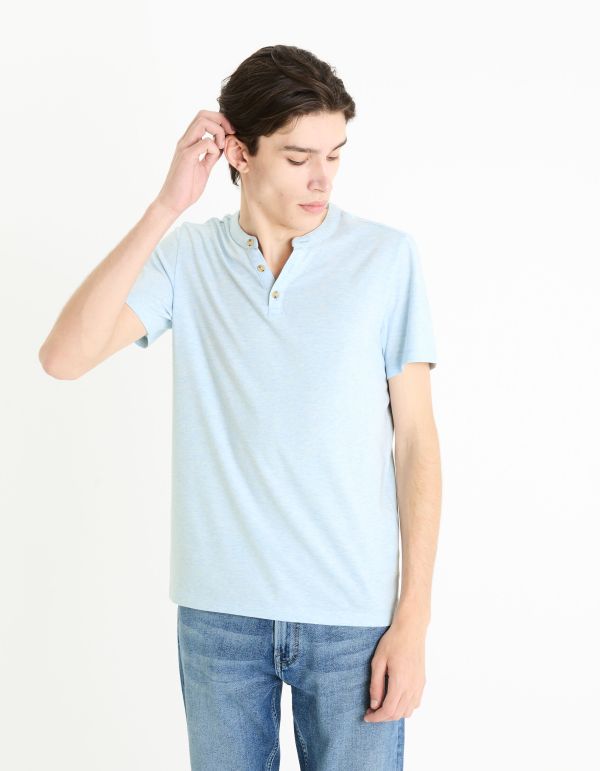 T-shirt col henley coton mélangé -bleu