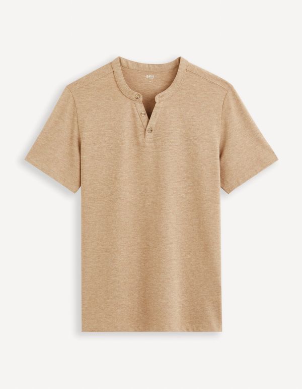 T-shirt col henley coton mélangé -taupe