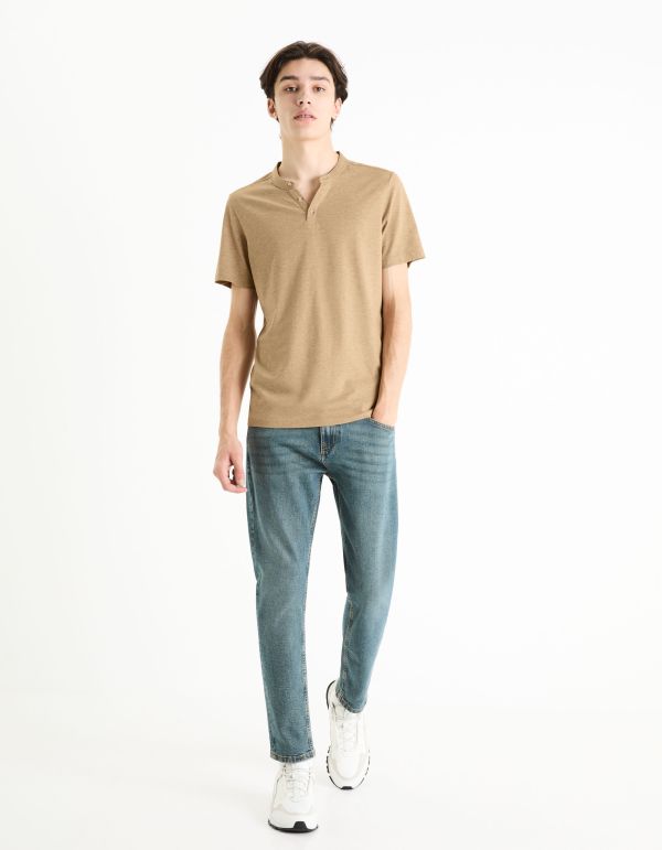 T-shirt col henley coton mélangé -taupe