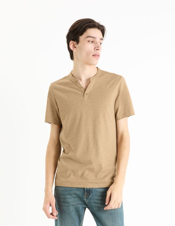 T-shirt col henley coton mélangé -taupe