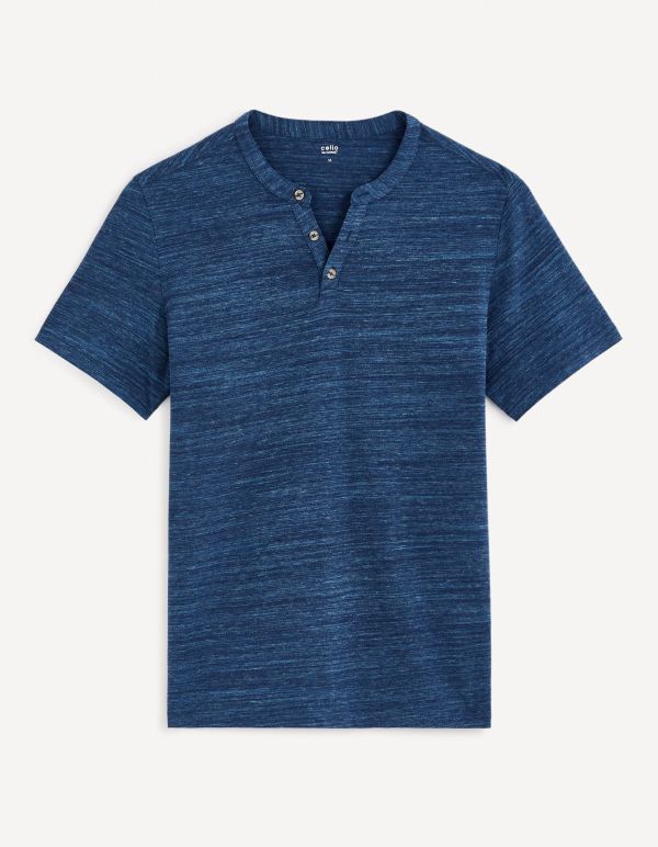 T-shirt col henley coton mélangé -marine