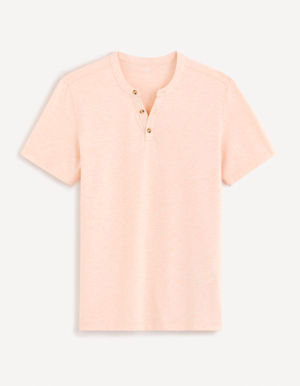 T-shirt col henley coton mélangé - pêche