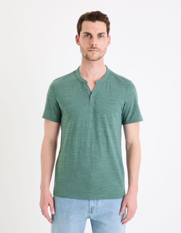 T-shirt col henley coton mélangé -vert foncé