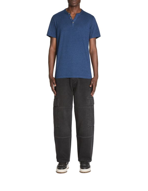 T-shirt col tunisien en coton mélangé - marine