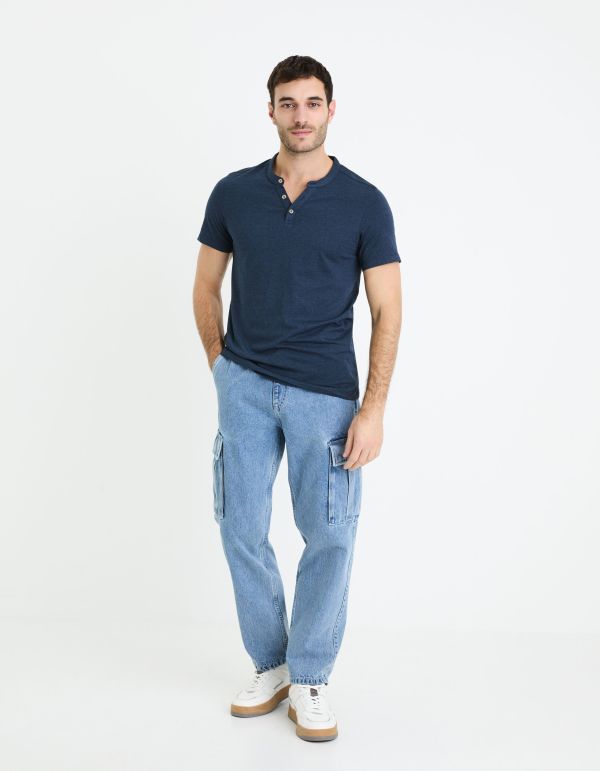T-shirt col henley coton mélangé - marine