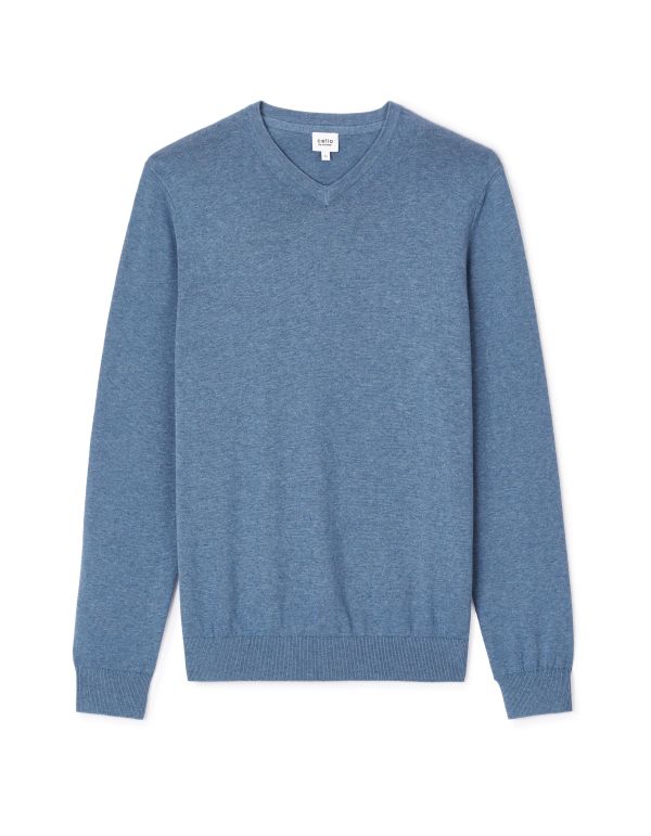 Pull col v 100% coton - bleu