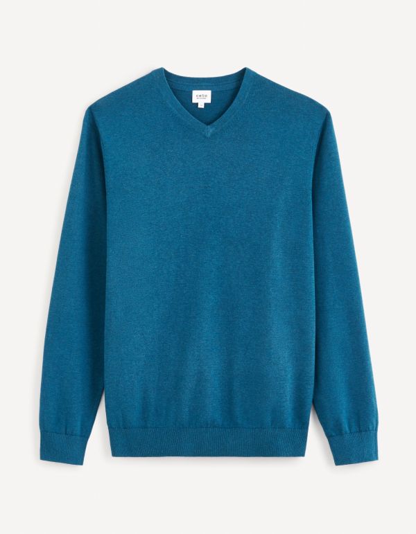 Pull col V 100% coton - bleu