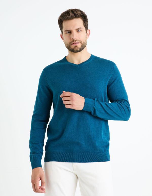 Pull col V 100% coton - bleu