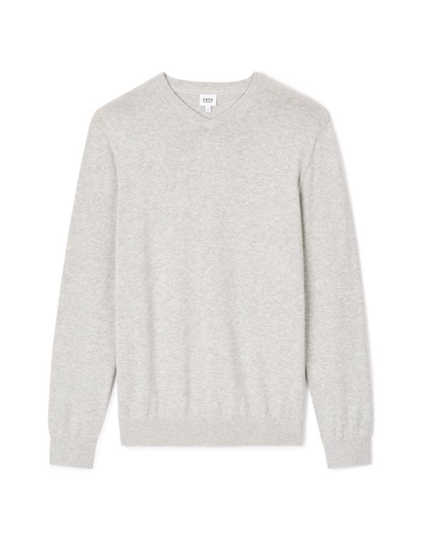 Pull col v 100% coton - gris chine