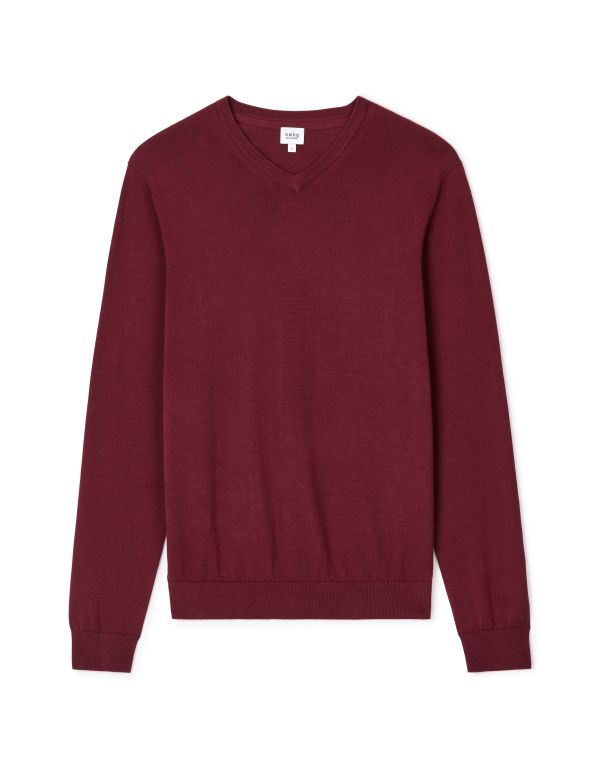 Pull col v 100% coton - bordeaux