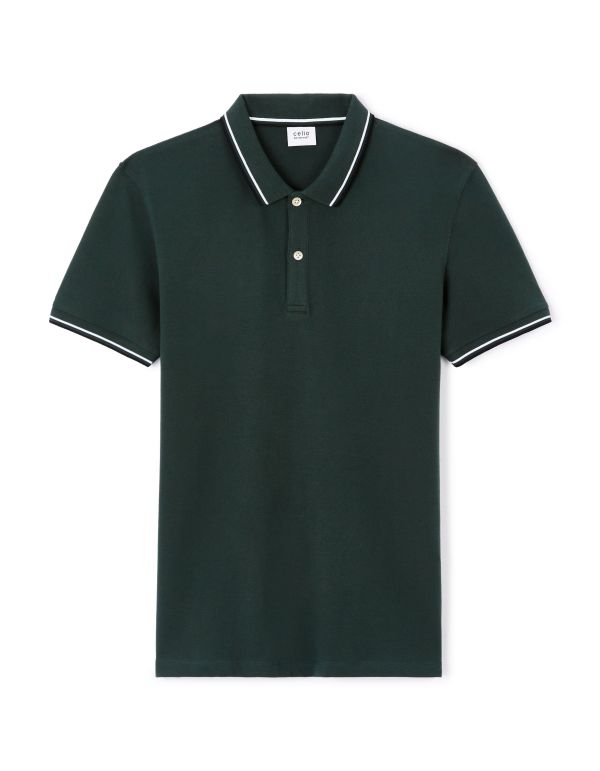 Polo slim coton stretch col contrasté - vert