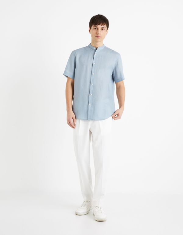 Chemise col mao regular 100% lin - bleu gris
