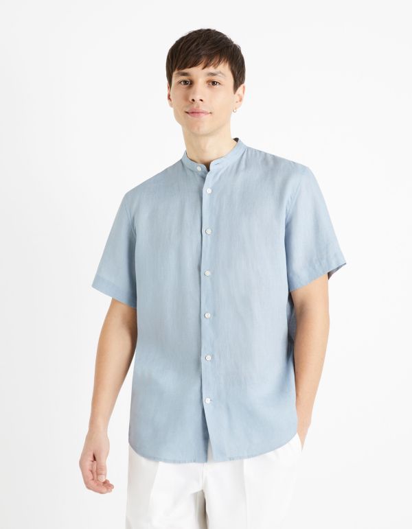 Chemise col mao regular 100% lin - bleu gris