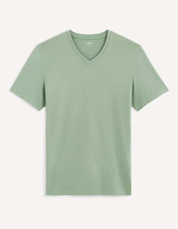 T-shirt col V 100% coton - vert minéral