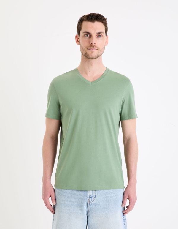 T-shirt col V 100% coton - vert minéral