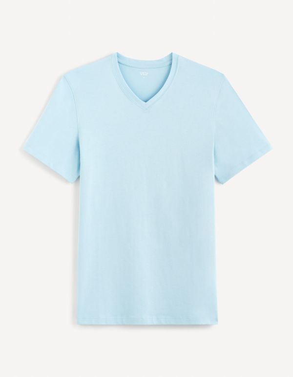 T-shirt col V 100% coton -bleu clair