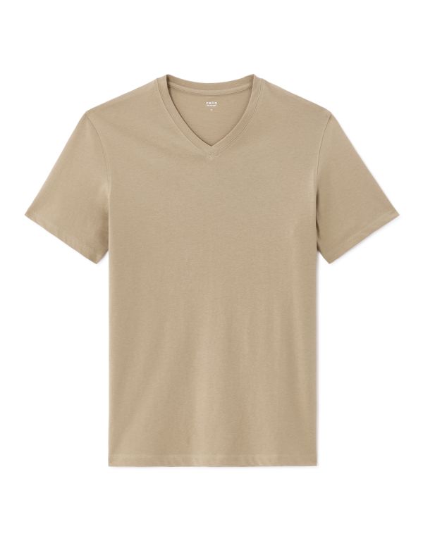 T-shirt regular col V 100% coton - beige foncé