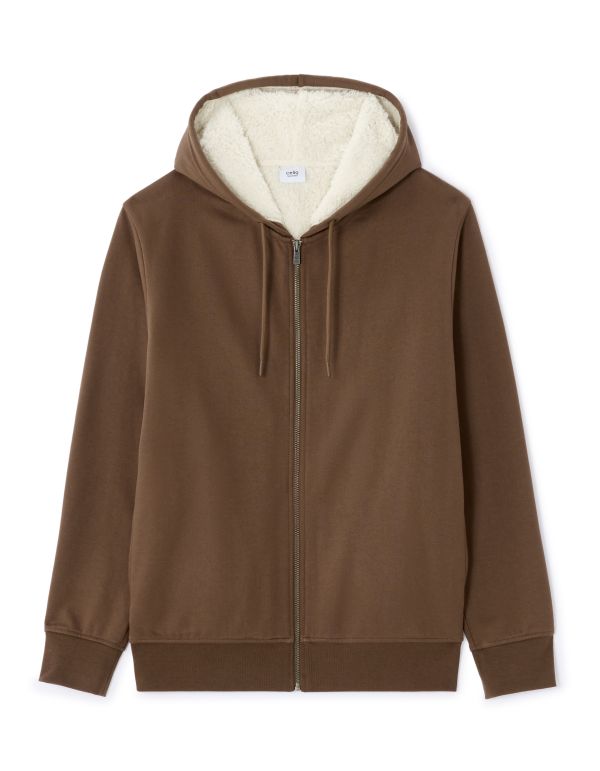 Sweat zippé à capuche doublé sherpa - café
