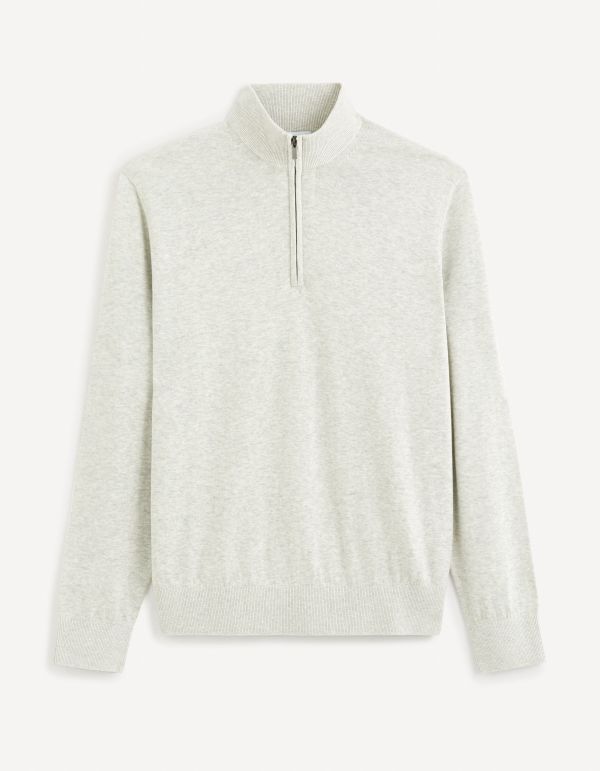 Pull col montant zippé 100% coton - gris chiné