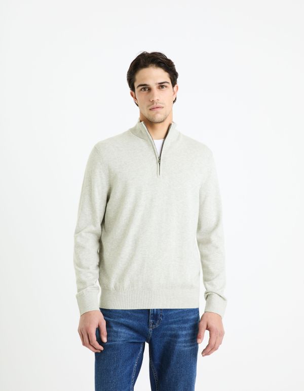 Pull col montant zippé 100% coton - gris chiné