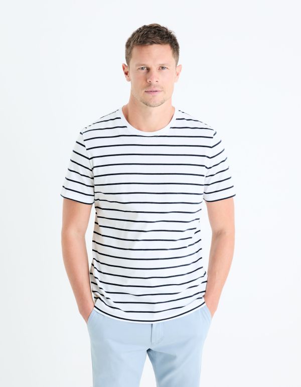 T-shirt straight 100% coton rayé - blanc