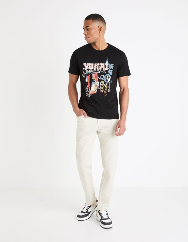 T-shirt col rond imprimé en coton - noir