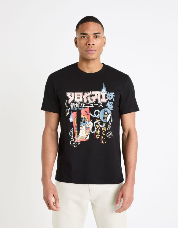 T-shirt col rond imprimé en coton - noir