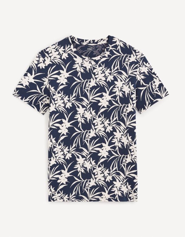 T-shirt col rond imprimé en coton - marine