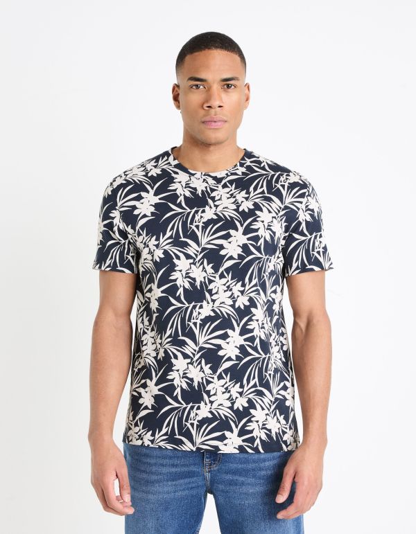 T-shirt col rond imprimé en coton - marine