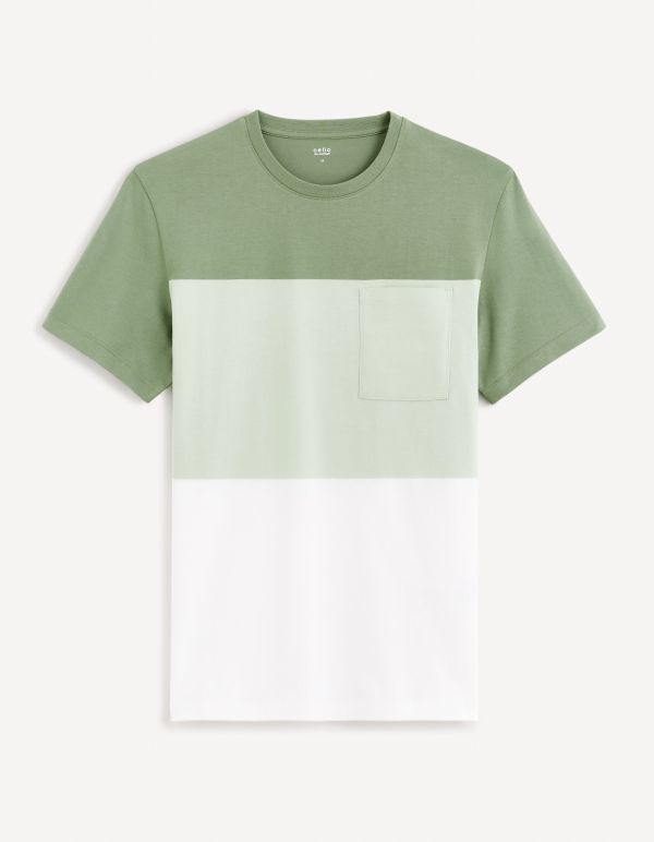T-shirt col rond color block en coton - vert