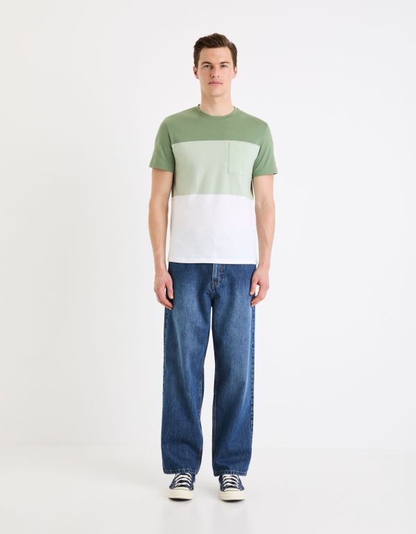 T-shirt col rond color block en coton - vert