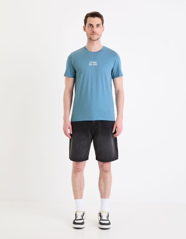 T-shirt col rond imprimé en coton - bleu