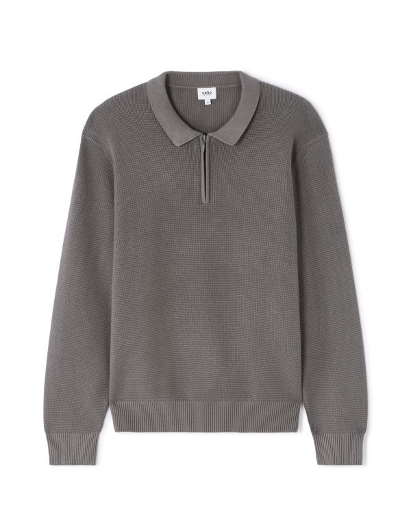 Pull col polo zippé gaufré - gris