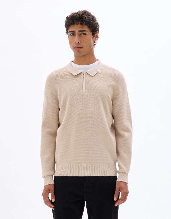 Pull col polo zippé gaufré - beige