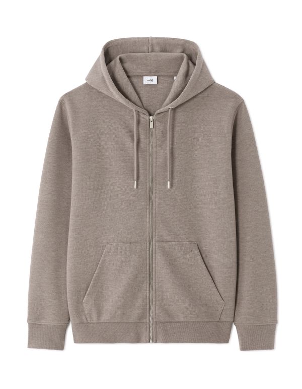 Sweat zippé à capuche regular en piqué - taupe
