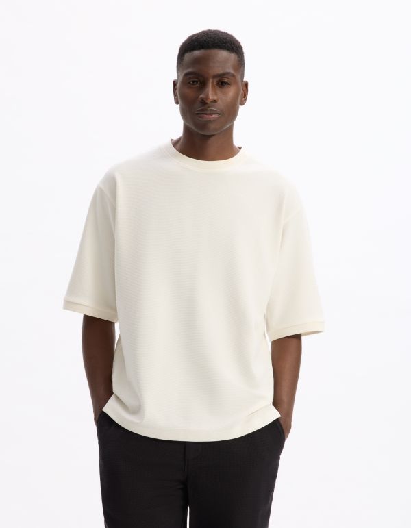 T-shirt oversize col rond coton mélangé - beige