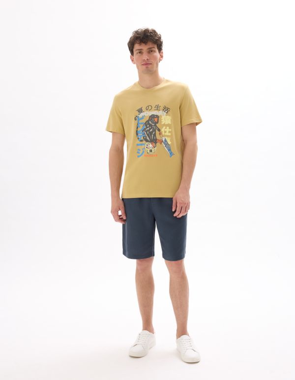 T-shirt regular col rond 100% coton imprimé asie - moutarde
