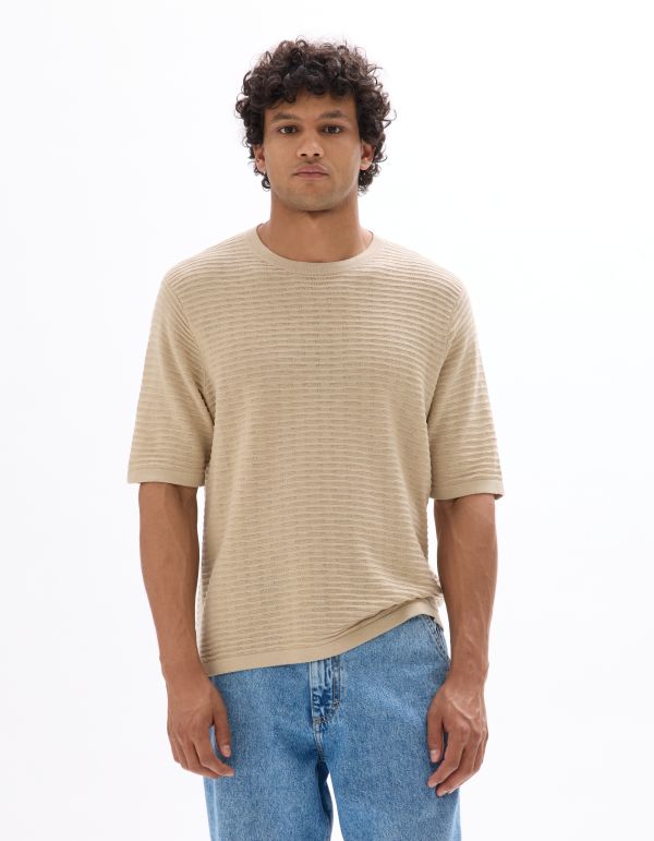 T-shirt boxy col rond en maille ajourée - sand