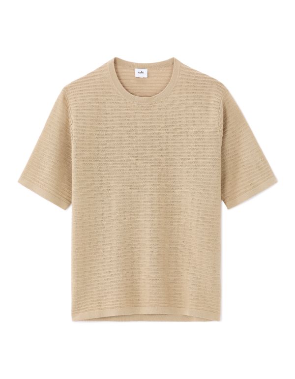 T-shirt boxy col rond en maille ajourée - sand