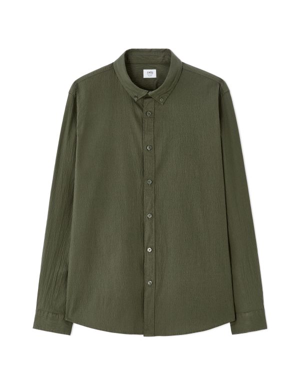 Chemise regular en seersucker - kaki