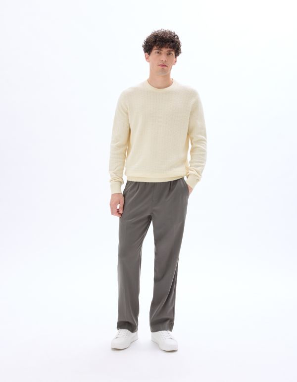 Pull col rond en meille chevrons 100 % coton - écru