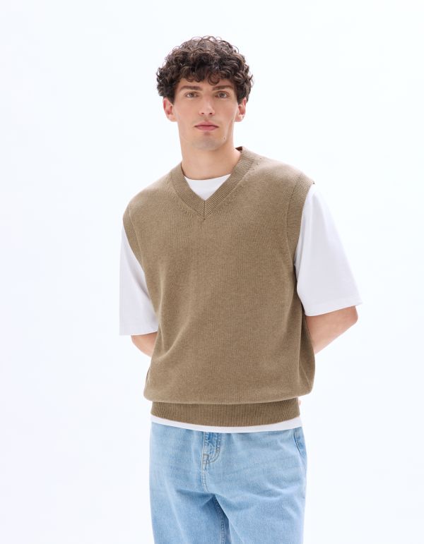 Pull sans manches col V 100% coton - beige