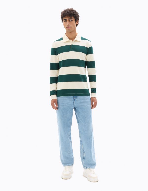 Polo boxy manches longues rayé - vert foncé