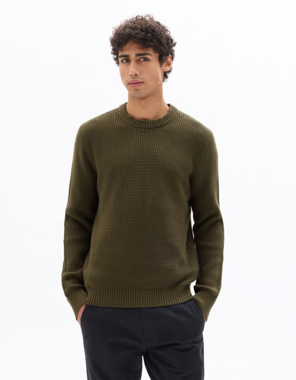 Pull gaufré col rond regular en coton mélangé - kaki