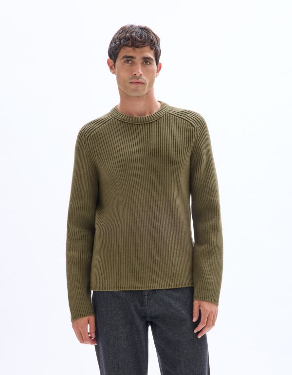 Pull col rond en maille côtelée - kaki