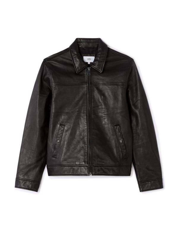 Blouson en cuir col chemise - noir